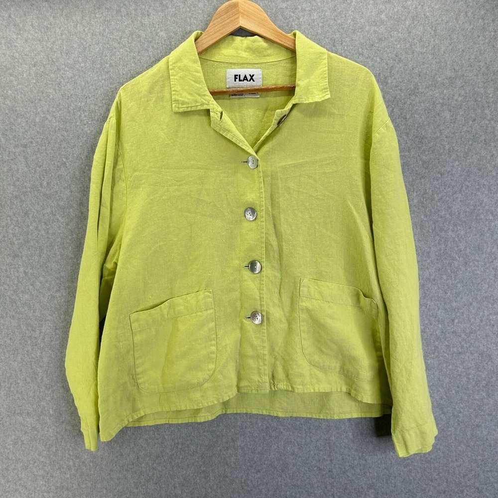 FLAX Medium Long Sleeve‎ Blouse Shirt Lime Green Button Linen Lagenlook Collar